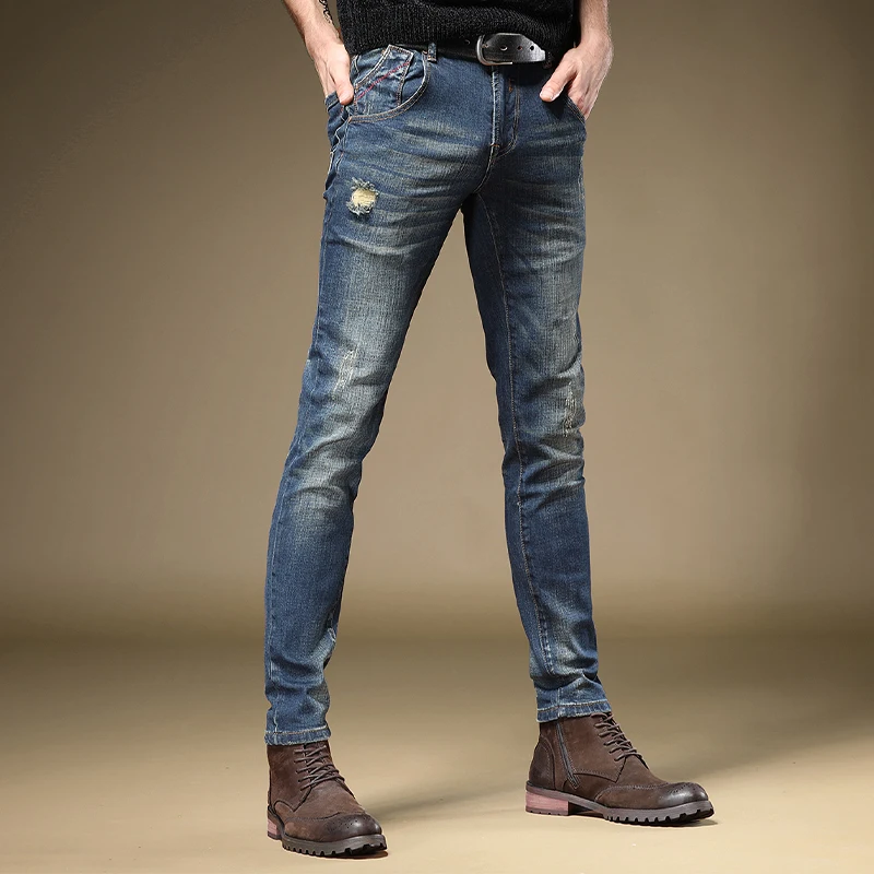 

Джинсы мужские синие рваные хлопковые прямые зауженные брюки уличная одежда в Корейском стиле рваные джинсовые брюки с дырками