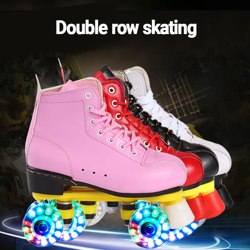 

Adult Leather Double-row Skates Outdoor Non-slip 4 Wheels Roller Skating Shoes Flashing Roller Sneakers for Kids Birthday Gift