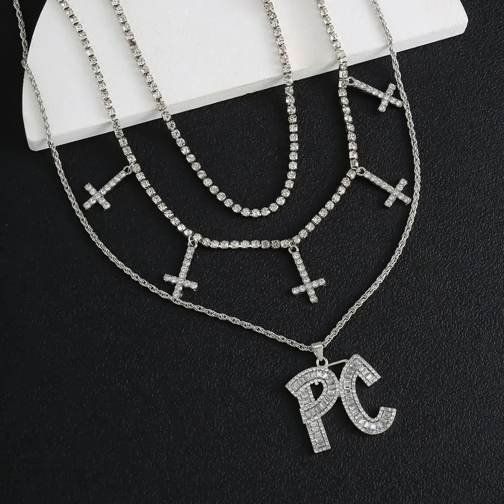 

SHIXIN 3 Pcs Rhinestone Chain With Cross/Letter Pendant Necklace for Men/Women Layered Crystal Iced Out Chain Neck Necklaces Set