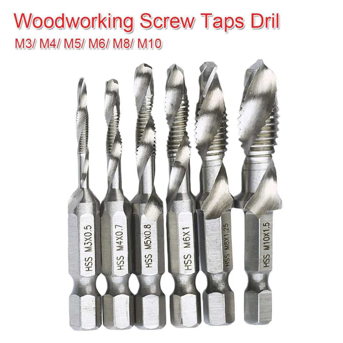 

Screw Taps Dril Bits 1/4'' Hex Shank M3 M4 M5 M6 M8 M10 Thread Tap Spiral Screw Dril Bit Woodworking Tools