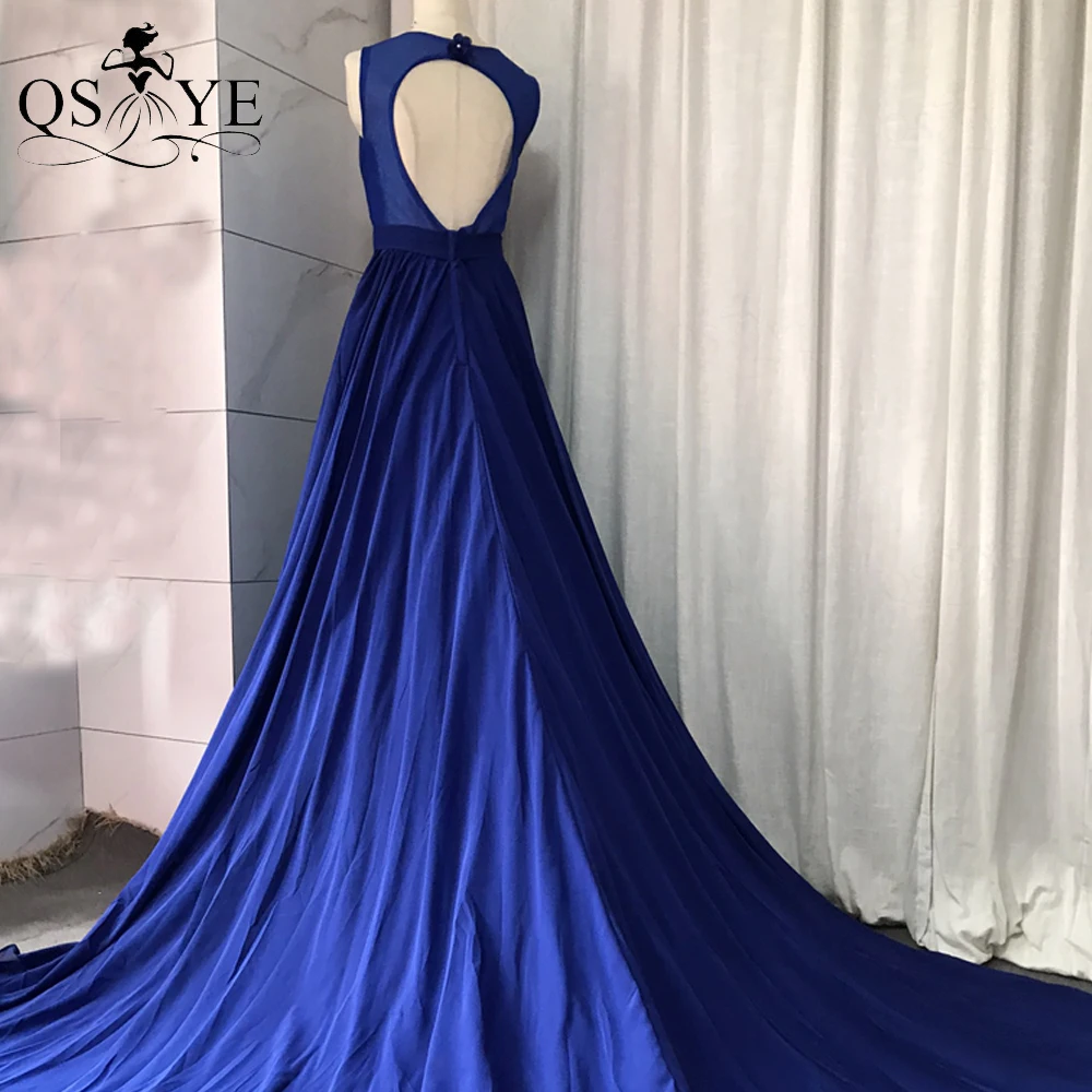 

Royal Prom Dresses A Line Evening Dress Simple Plain Formal Party Gown Royal Blue Chiffon Long Woman Dress Bow Knot 3D Flowers
