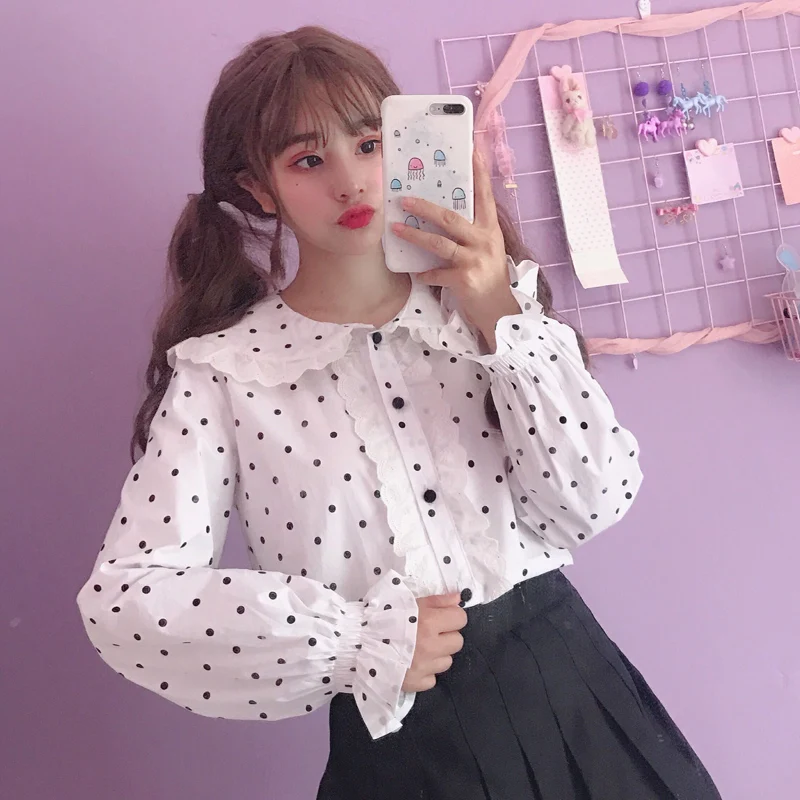 Женская блузка в стиле лолита милая рубашка японском с длинными рукавами и