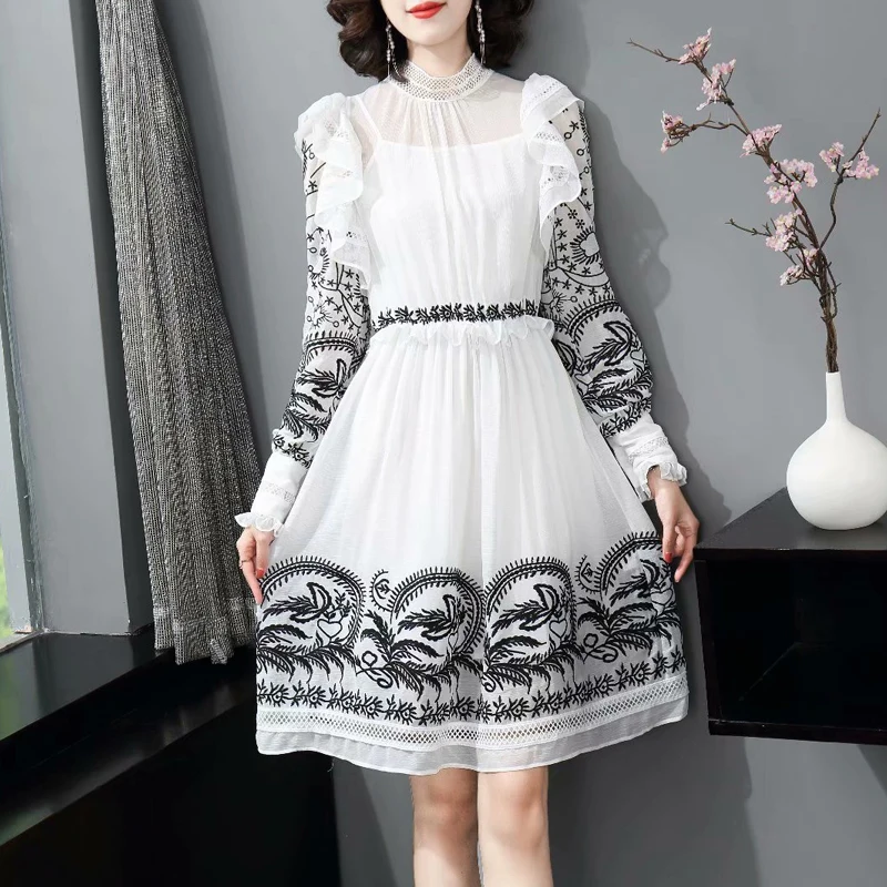 

Gorgeous High Quality Spring New Women'S Party Casual Workplace Retro Elegant Embroidery Printing Long-Sleeved Fashion Dress