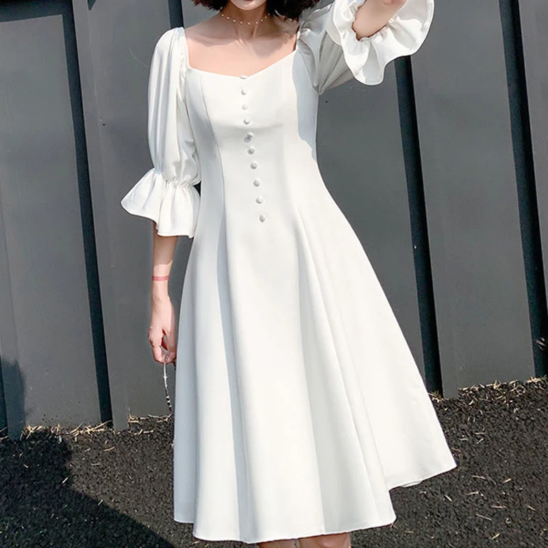 

White Elegant Dress Women 2021 Summer Backless Design Fairy Party Dress Female Classy Evening One-piece Dress Korean Office Lady