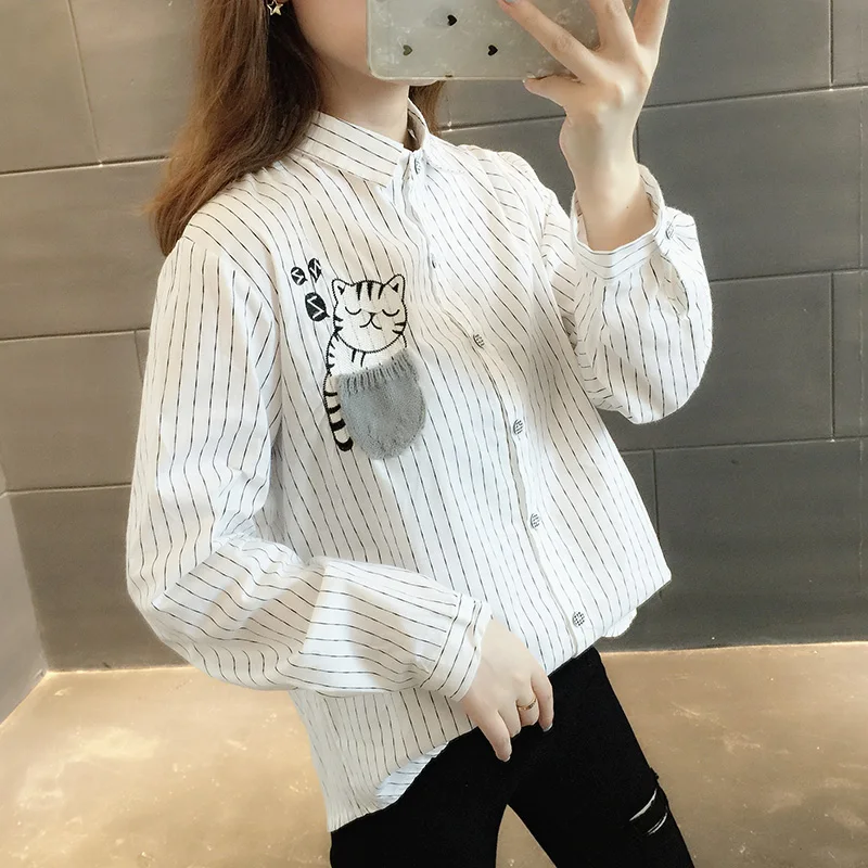 YUPINCIAGA Весна 2020 женская белая рубашка с карманом и вышивкой кошки Свободный Топ