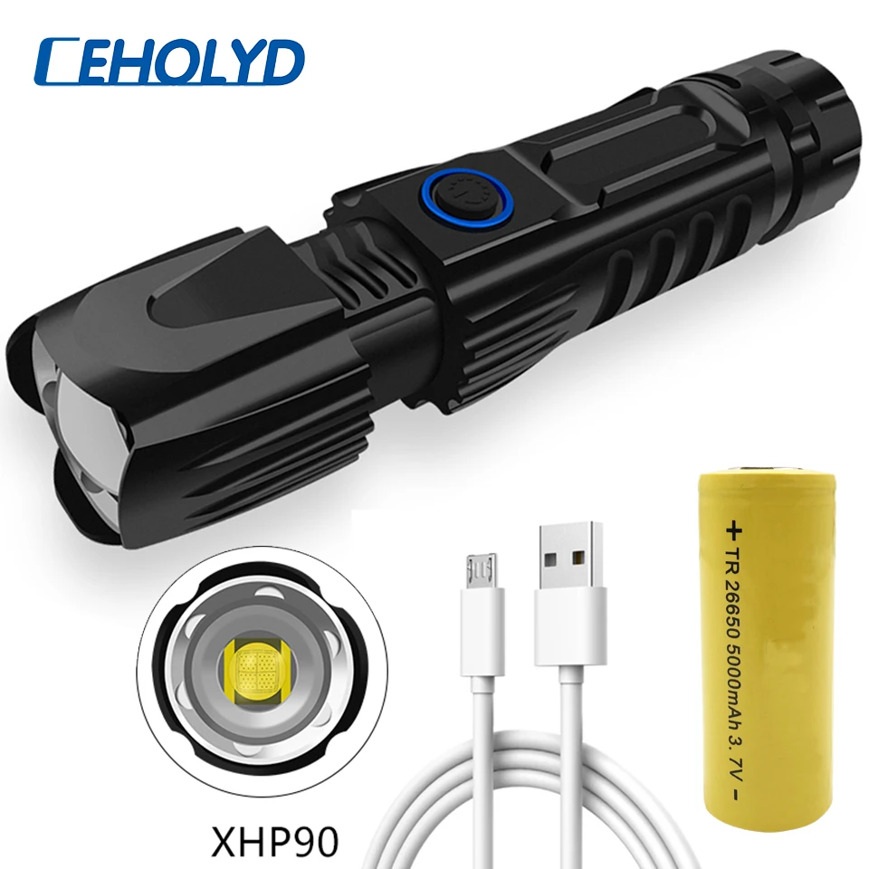 Светодиодный фонарик xhp90 с usb зарядкой растягивающийся зум ударопрочный мощный