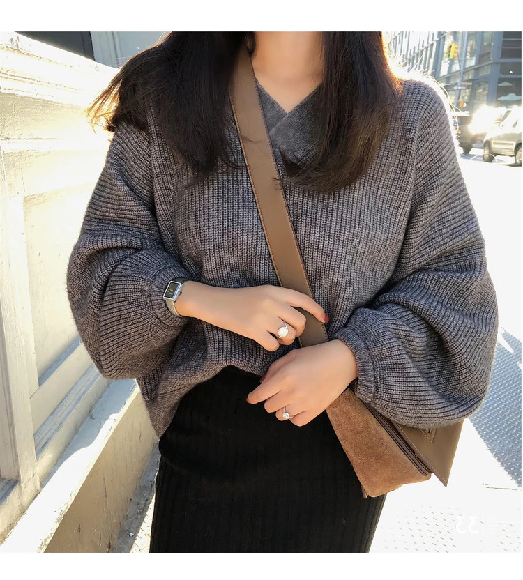 

2019 Autumn Winter Fashion Bf V-neck Lantern Sleeve Pullover Sweater Top Suit Set +mid Dress Skirt Two-piece Suit Dr752