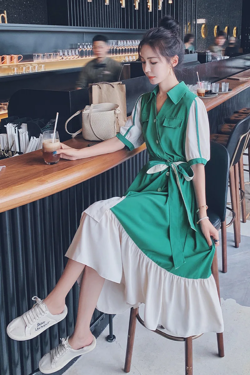 

Irregular High Waist A Line Long Dress Women's Summer Korean Puff Sleeve Fishtail Maxi Dress Lady Single Breasted Chiffon Dress