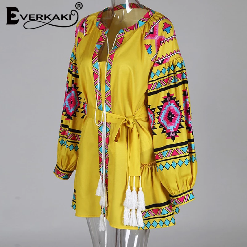 Everkaki Ethnic Print Tassel Mini Dress Women Summer Vestidos Sashes Boho Ladies Short Dresses Loose Female 2021 New Fashion | Женская