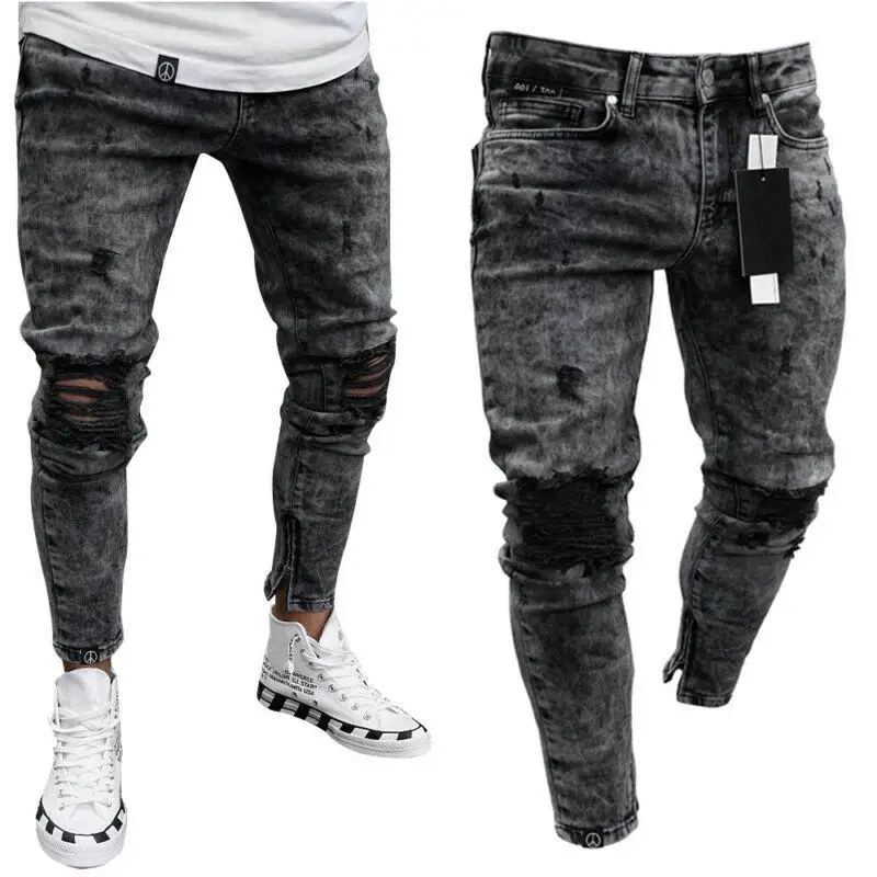 

Mens Black Skinny Ripped Jeans Casual Slim Fit Distressed Stretch Hole Denim Trousers Spring Autumn Long Pant