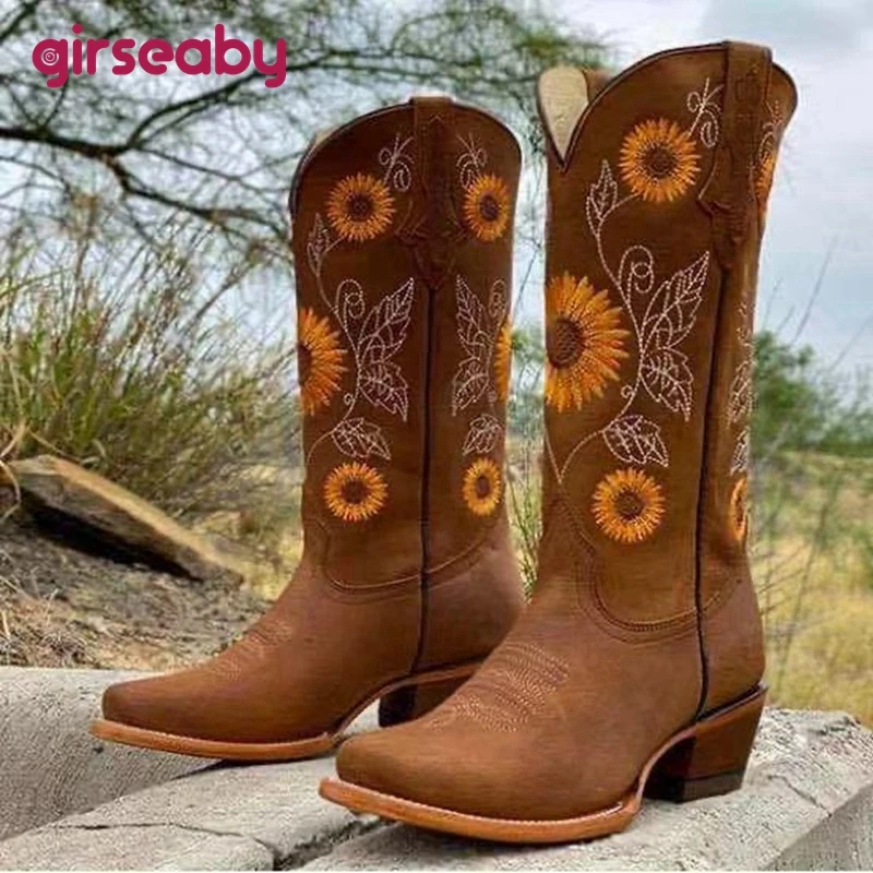 

Винтажные женские ковбойские ботинки Girseaby, сапоги для верховой езды в западном стиле, с вышивкой подсолнуха, на толстом каблуке, квадратный ...