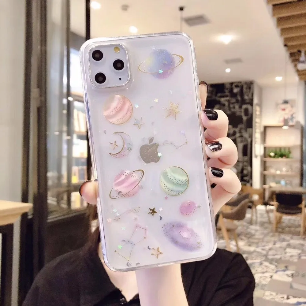 Лак Блеск Bling луна звезды планета чехол для телефона для iphone 11 11Pro Max XS Max XR X 6S 6 7 8 Plus задняя крышка Чехлы с принтом из мультфильма