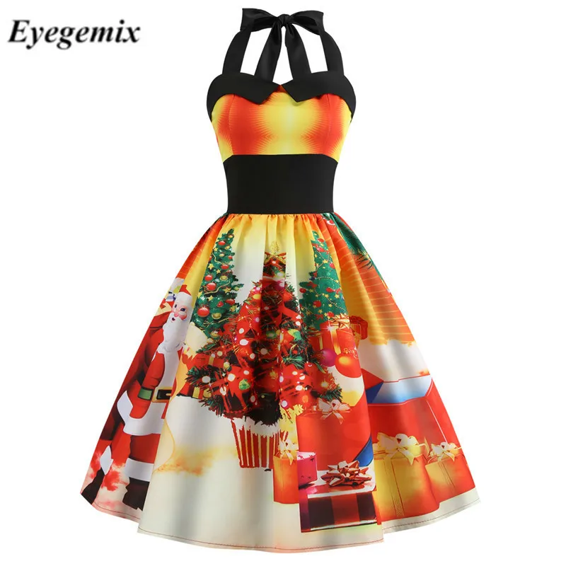 Женское винтажное платье с лямкой на шее черное в стиле ретро пышной юбкой качели