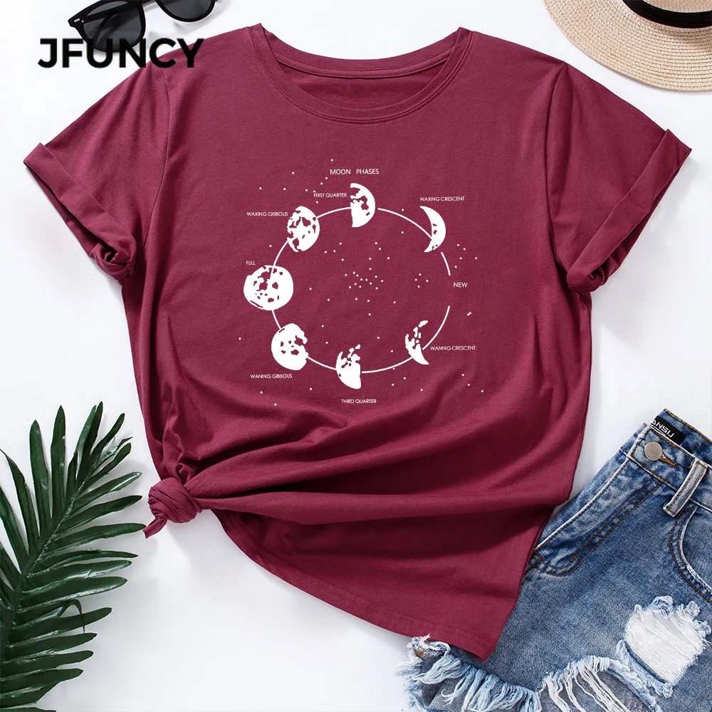 JFUNCY Oversize Women's Tops Funny Moon Print Graphic Tshirt Female Shirts Summer Casual Short Sleeve Basic Tee Cotton T-shirt