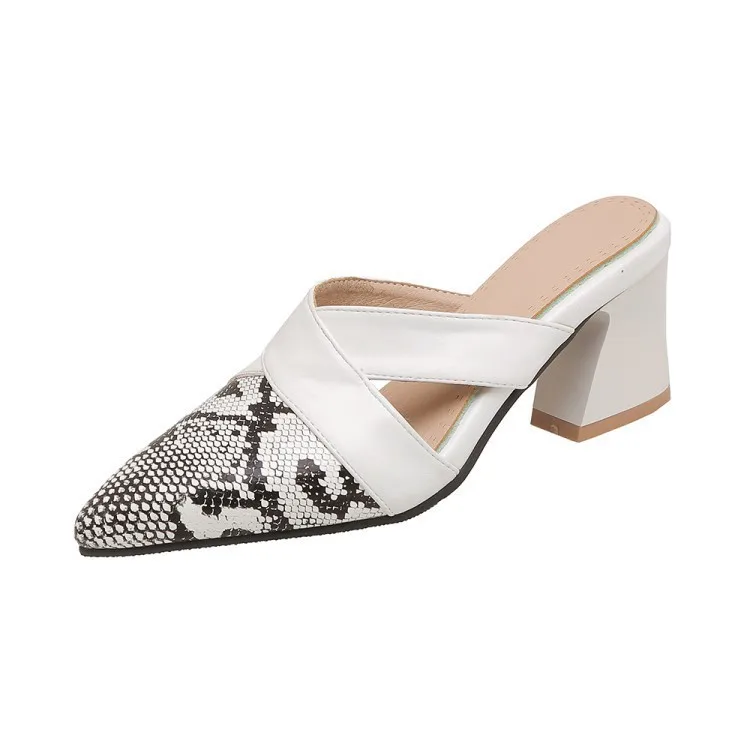 

Special 2021 summer new Snake pattern stitching pointed sandals Korean version back space thick heel sandals women's shoes
