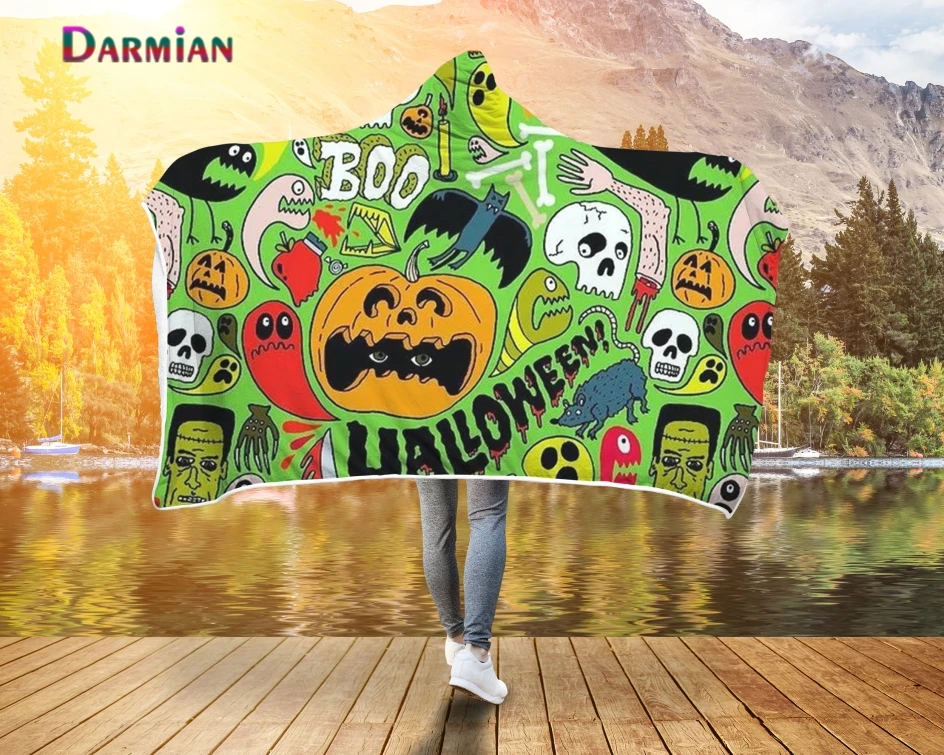 

DARMIAN 2021 Хэллоуин Тыква Граффити Печатный Мягкий теплый пригодный для носки Флисовое одеяло с капюшоном для детей взрослых диван плед одеяло...