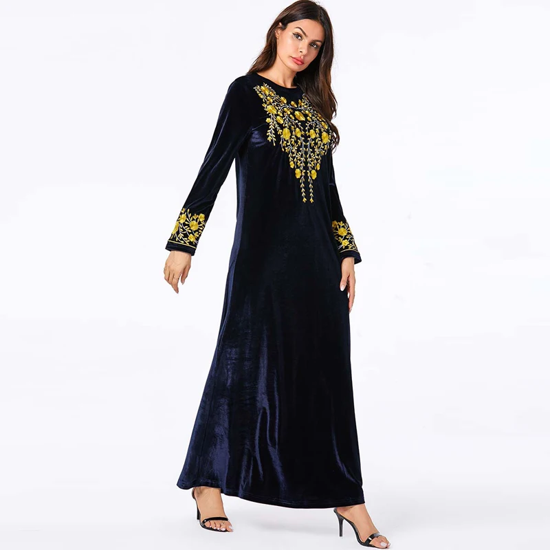 Теплый кафтан бархат abaya Дубай скромные Модные женские мусульманское длинное платье для девочки длинное зима осень темно-синий плюс размер abaya t хиджаб Халат