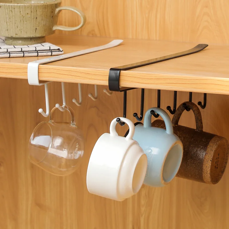 

Kitchen Storage Rack 6 Hooks Metal Under Shelf Mug Cup Cupboard Kitchen Organiser Hanging Rack Holder