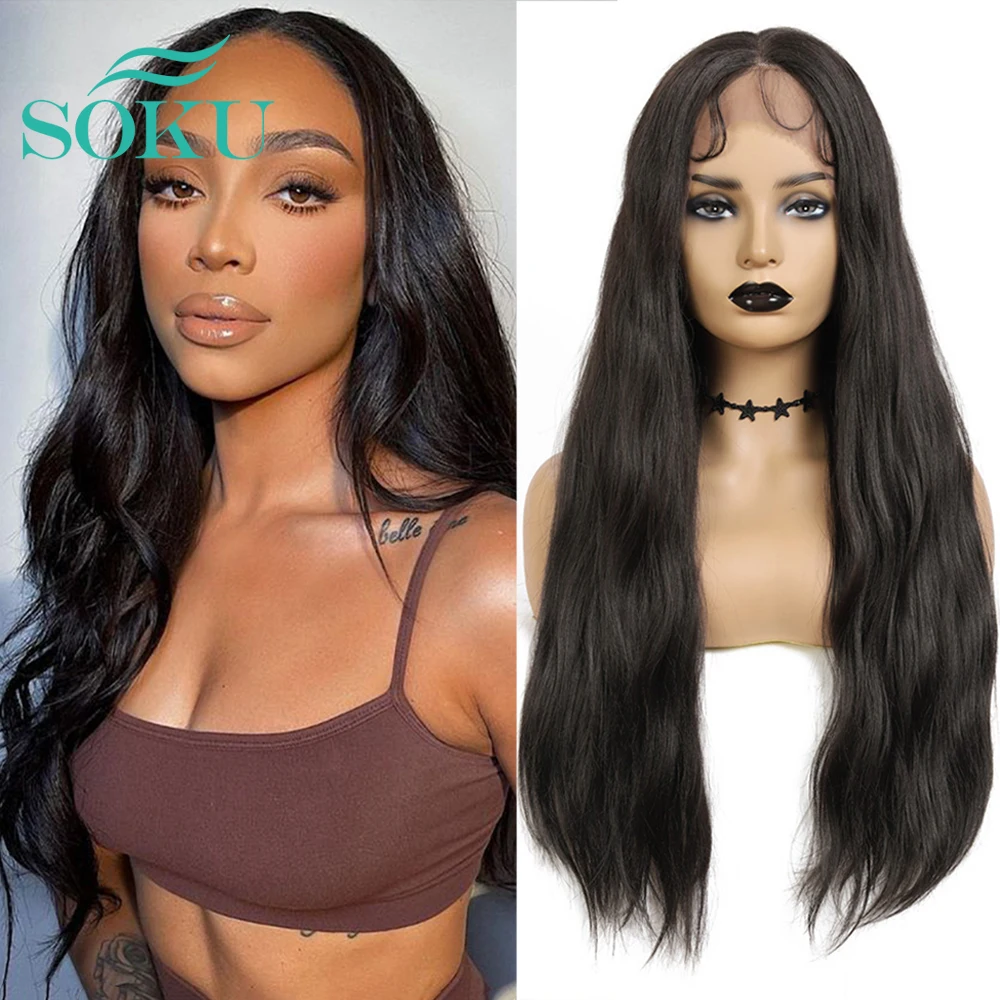 

Natural Wave Synthetic Lace Wig With Baby Hair Dark Brown Color SOKU Middle Part Hairstyle Heat Resistant Fiber For Black Women