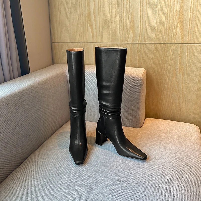 

New Winter Women Knee High Fashion Modern Boots Party Dancing Pleated Shoes Woman Genuine Leather 7cm Heels Riding