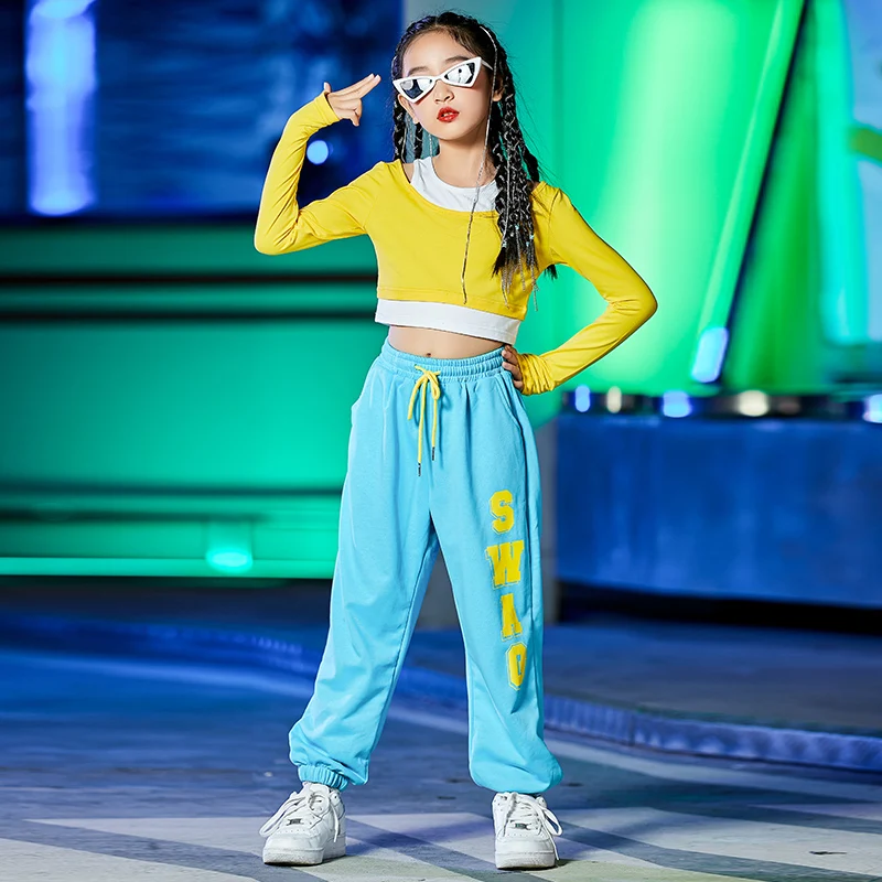 

New Girls Long Sleeved Loose Pants Sreet Dance Wear Jazz Performance Costumes Ballroom Hip Hop Dance Practice Clothes DQS8348