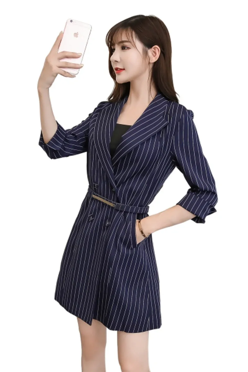 

Chic Lapel Single Row Button French Vertical Stripe Ladies Dress Fashion Casual Five-point Sleeve Dress Collar Vestidos Women