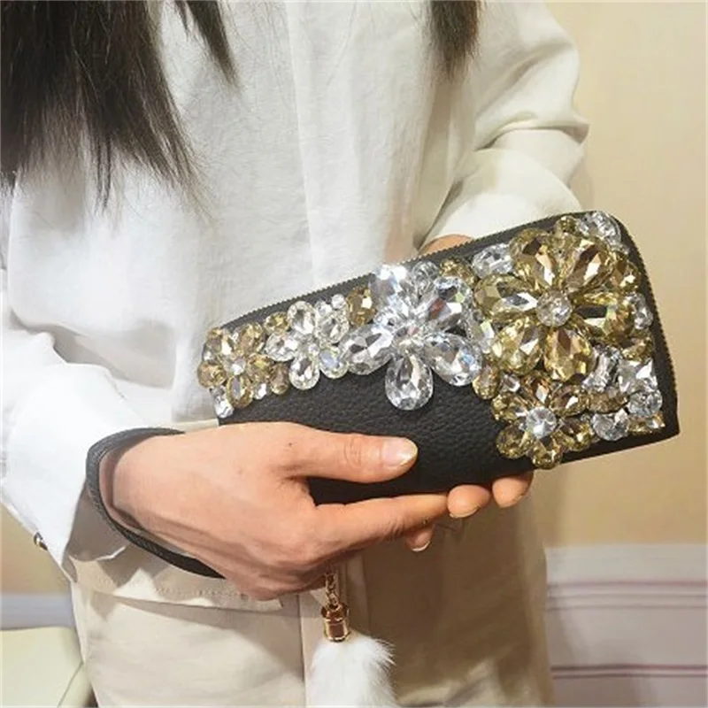 Роскошный женский кошелек стразы на запястье из искусственной кожи с длинной