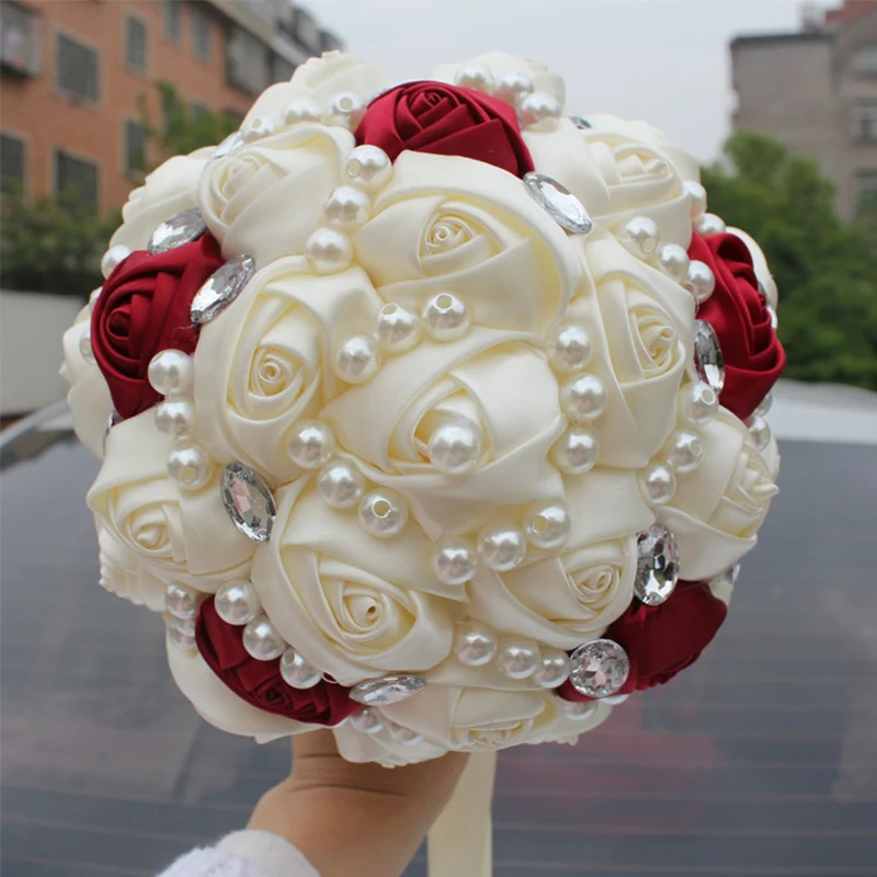 

Ivory Burgundy Rhinestones Wedding Bouquet Satin Wedding Flowers Bouquet Crystal Pearl Bridal Bouquet Mariage Wedding Bouquet