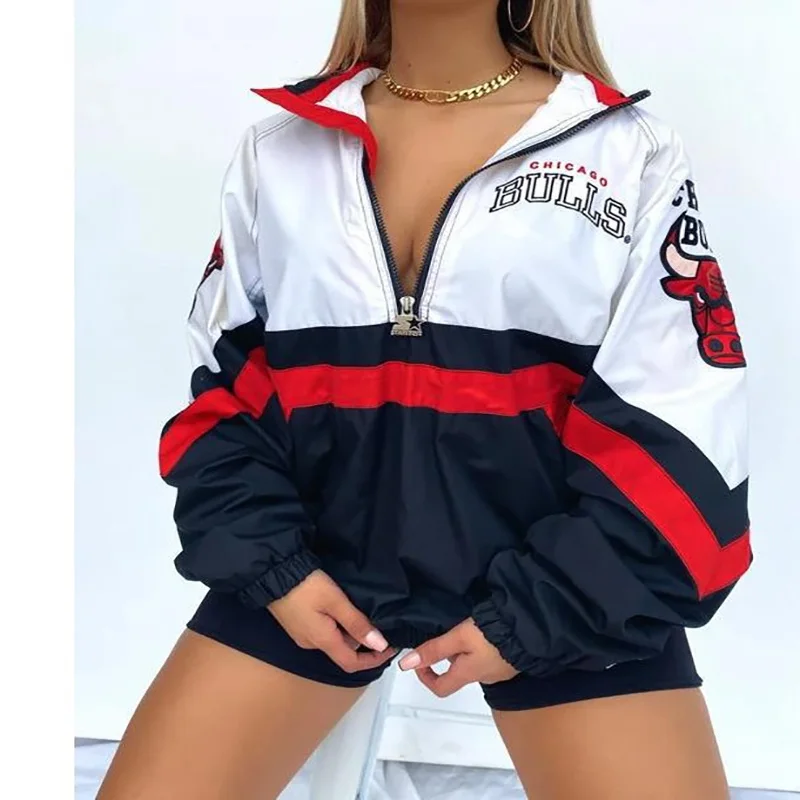 

3XL Spring and Autumn Fashion Baseball JacketsCasual V-neck Zipper Pullover Printed Plus Size Jacket for Women Coat Women Jacket