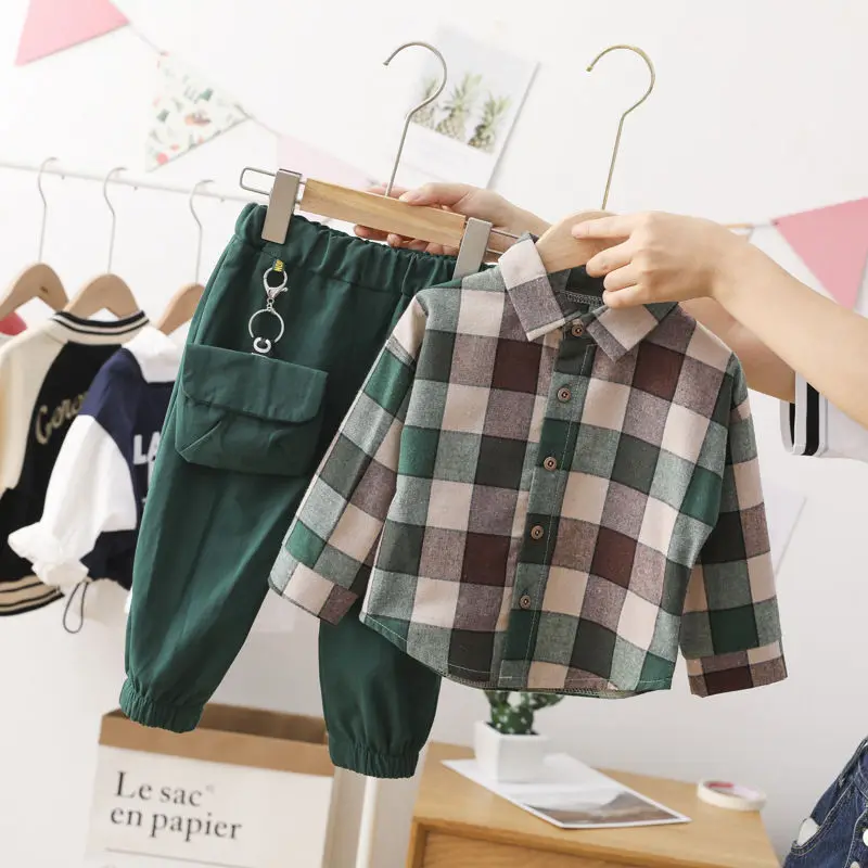 

2 Pezzi Di Vestiti Per Bambini in Cotone Primaverile E Autunnale, Camicie a Quadri + Pantaloni, Vestiti Per Bambini, Vestiti Per