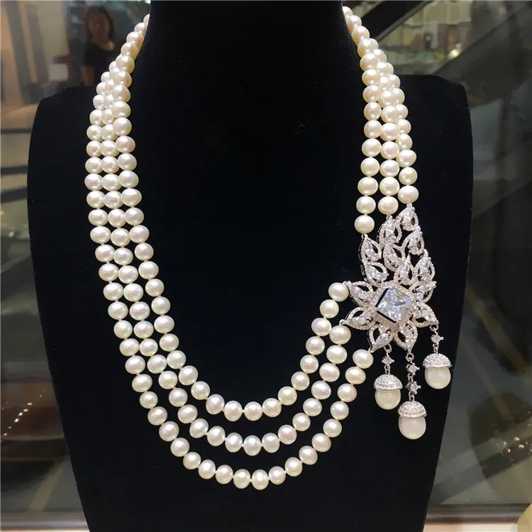 

22" 3 Strands Fresh water cultured pearl Necklace CZ Pendant