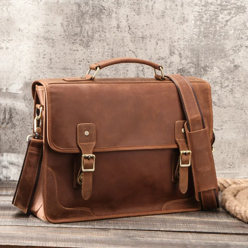 

Men's Crazy Horse Leather Briefcase Fit 15" Laptop Fashion Genuine Leather Handbag Leather Business Shoulder Bag Brown Work Tote