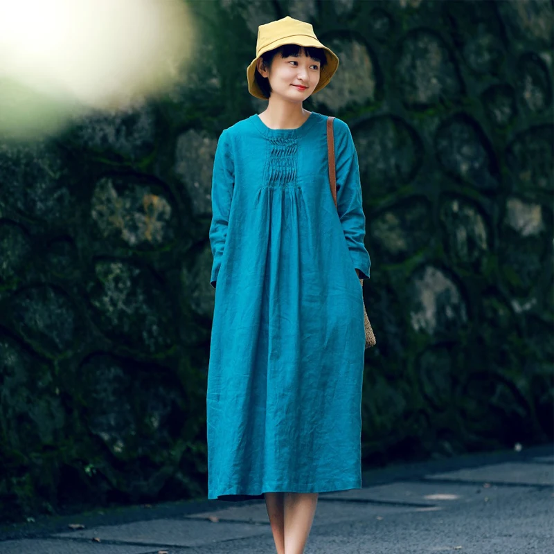 Женское однобортное платье кардиган Johnature однотонное хлопково льняное с круглым