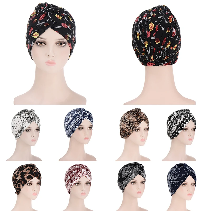 

Printed Indian Hats Muslim Turban Hats Women Yoga Pullover Baotou Cap Head Wrap Cross Twist Knot Elastic Beanie Hijab Accesories
