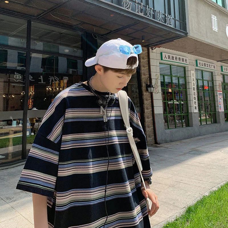 Футболка мужская с коротким рукавом свободная брендовая тенниска в полоску