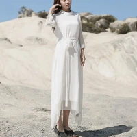 solid color loose fake two piece womens dress 2020 summer new stand collar seven point sleeve stitching belt waist