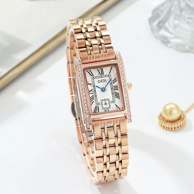 

New ladies fashion steel band small square watch luxury diamond-studded room gold steel band student watch