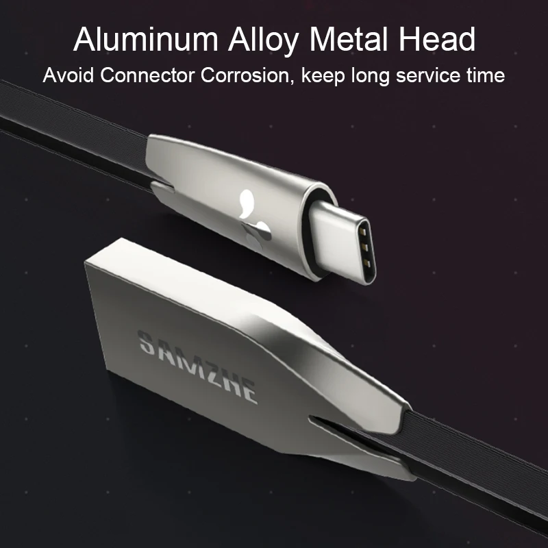 Зарядный кабель SAMZHE из цинкового сплава плоский USB Type-C для Galaxy S8 Plus Xiaomi Huawei P10 P9