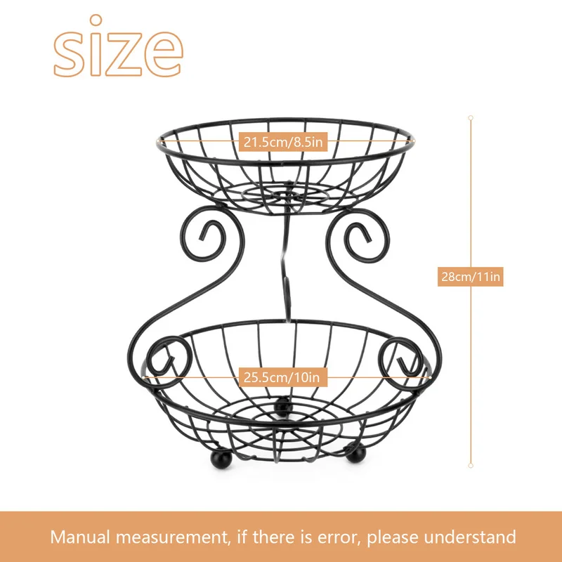 

2 Tier Fruit Basket Retro Iron Fruit Rack Household Stand Sundries Organizer Vegetables Breads Kitchen Container Holder