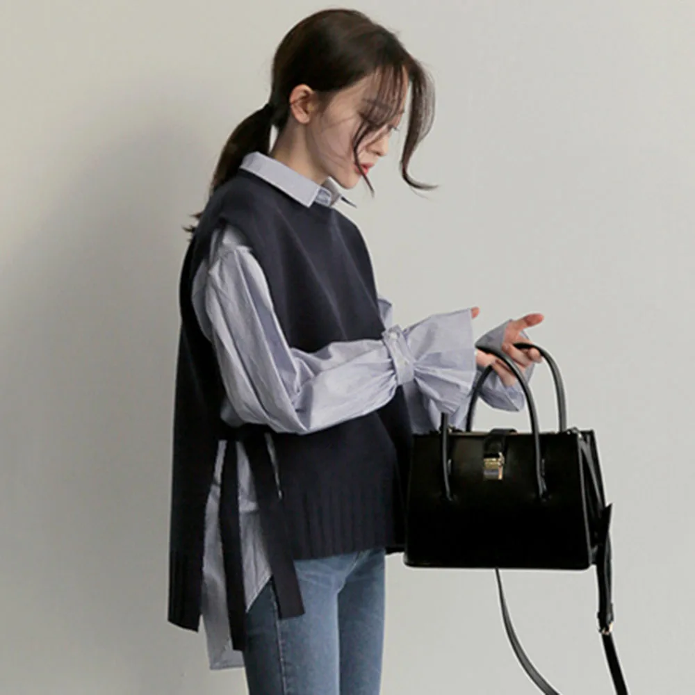 Женская блузка из двух частей весна осень 2020 корейский модный вязаный жилет и