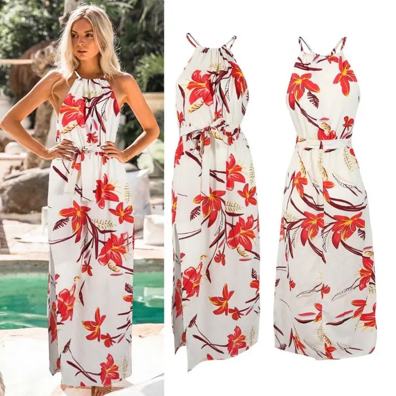 

Women's Summer Boho Beach Holiday Halter Floral Printed High Split Chiffon Maxi Dress
