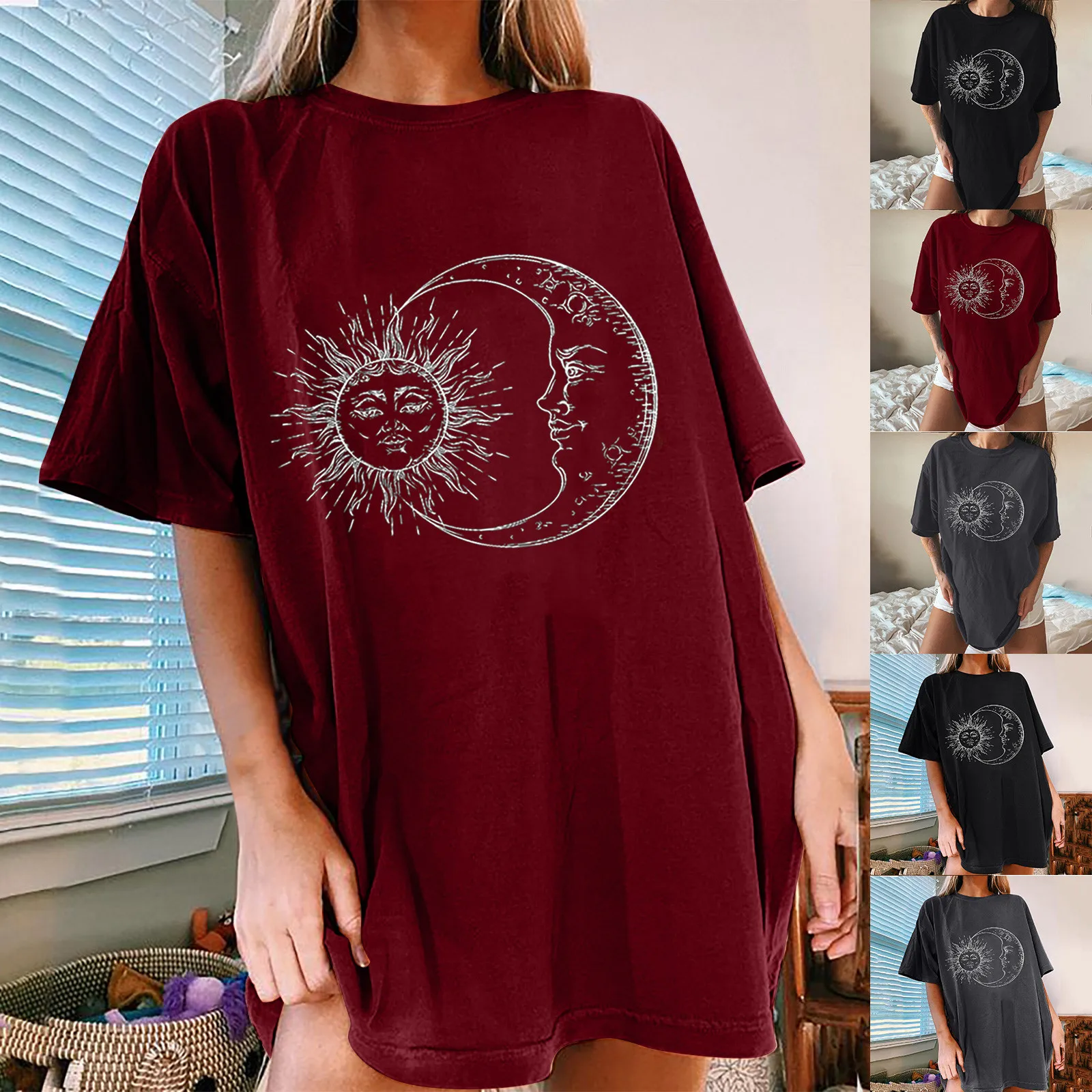 

Women's Loose Oversize Tee Shirt Tops Vintage Sun And Moon Print Pattern Casual Short Sleeve Summer Tshirt 2021 koszulka damska