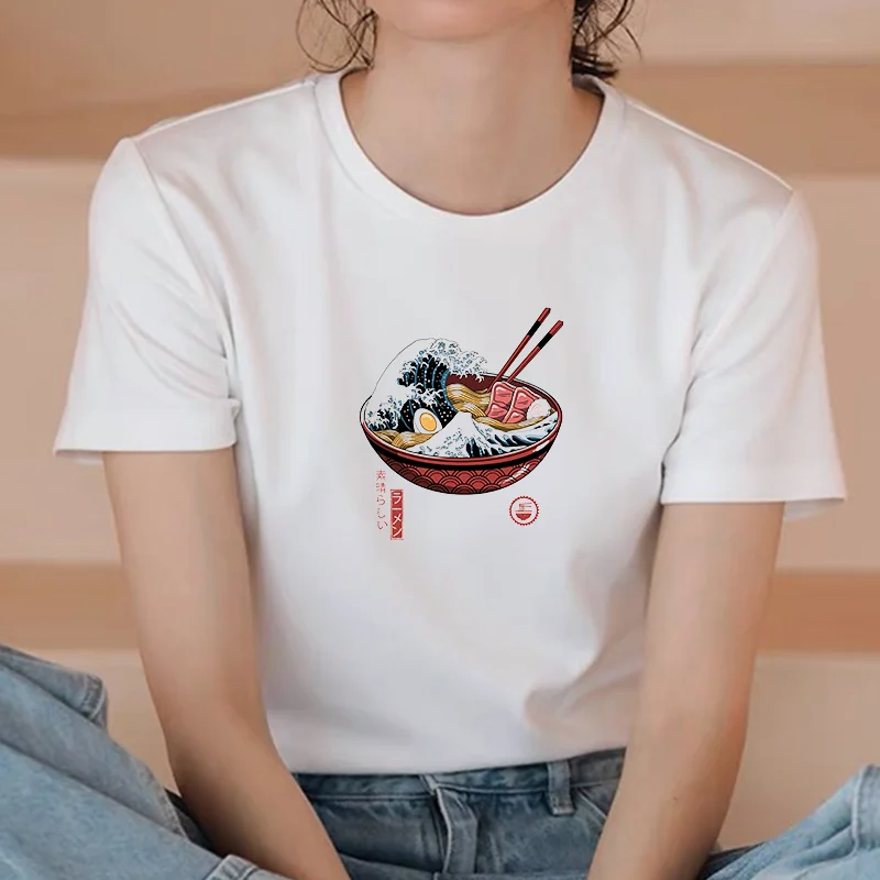 

Women's T-shirt Japanese Style Noodle Soup Print Tees 90s Ulzzang Harajuku Graphic O Neck Casual Women's Top Clothings
