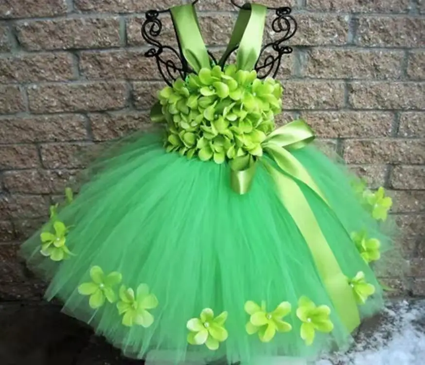 

Girls Green Petals Tutu Dress Kids Flower Straps Dress Ball Gown with Ribbon Bow Children Christmas Wedding Party Costume Dress