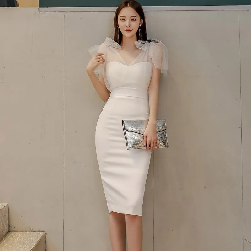 

Элегантное женское офисное платье-карандаш, Сетчатое приталенное платье средней длины с заплатками, вечерняя Юбка До Колена С V-образным вы...