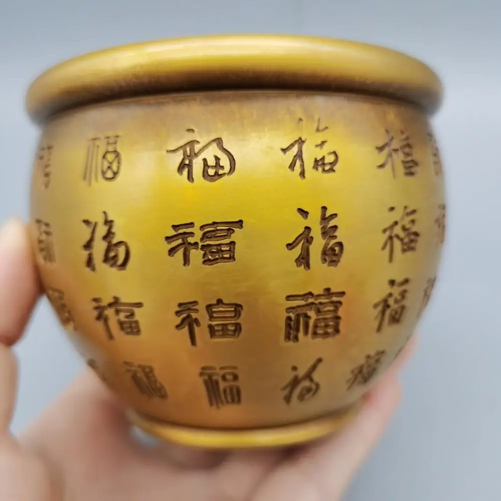 

Chinese Collectibles brass copper FU Word Statue Small water tank home decor metal crafts Ornaments