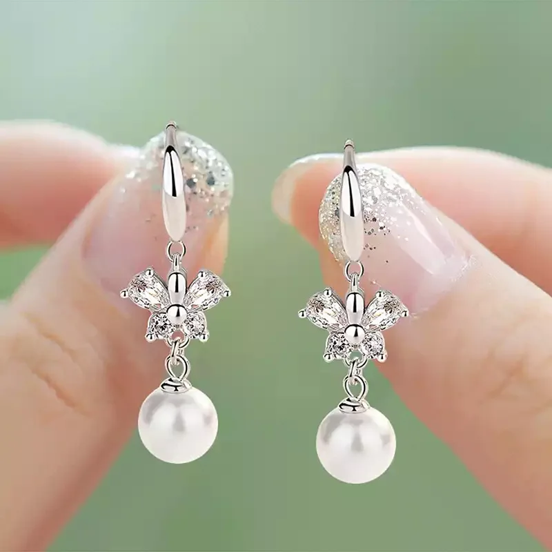 

Aesthetic Luxury Cubic Zircon Butterfly Drop Earrings For Women Imitation Pearl Pendientes Romantic Wedding Earring Jewelry Gift