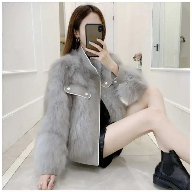 Winter Women Faux Fox Fur Jacket  Elegant Short Zipper Lapel Warm Jacket Fashion Splicing Solid  High Quality Plush Outwear