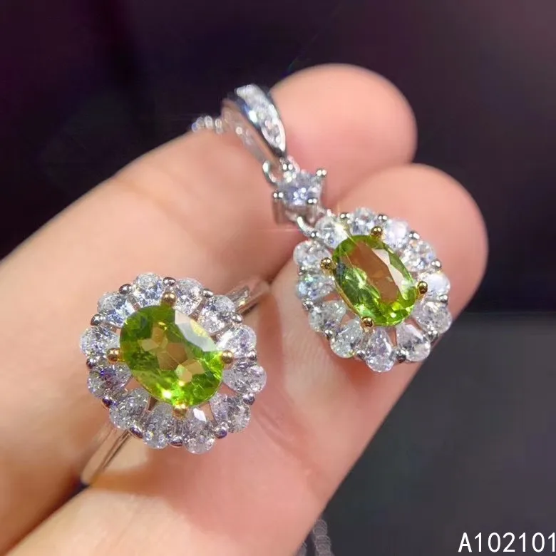 KJJEAXCMY Fine Jewelry 925 sterling silver inlaid natural Peridot popular necklace pendant ring set support test hot selling