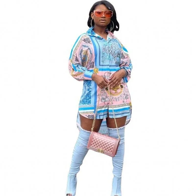 

Summer African Shirt Dress Women Full Sleeve Turn Down Collar Loose 2021 New Fashion Color Print Streetwear African Blouse Dress